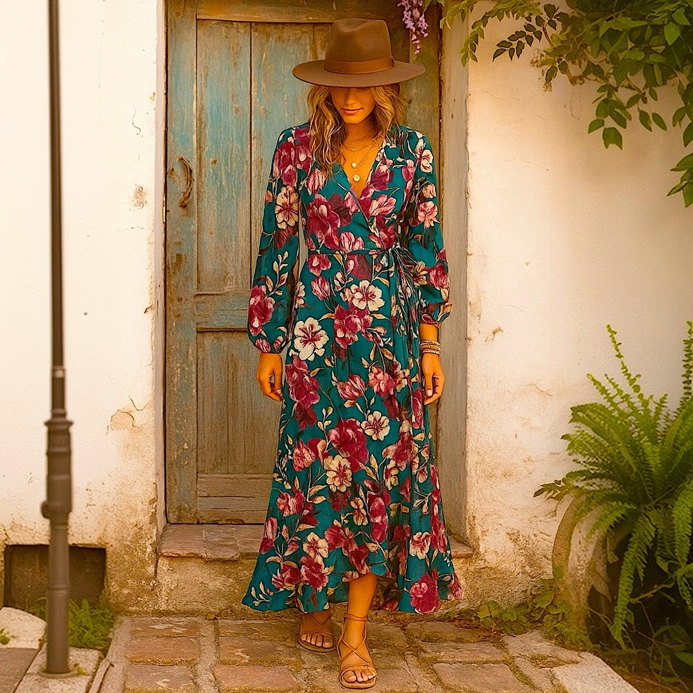 Band of the Free Boho Floral Wrap Dress - Picture 1 of 13